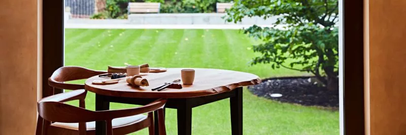 View from the Michelin star dining room overlooking the courtyard London's oldest church St Bartholomew the great