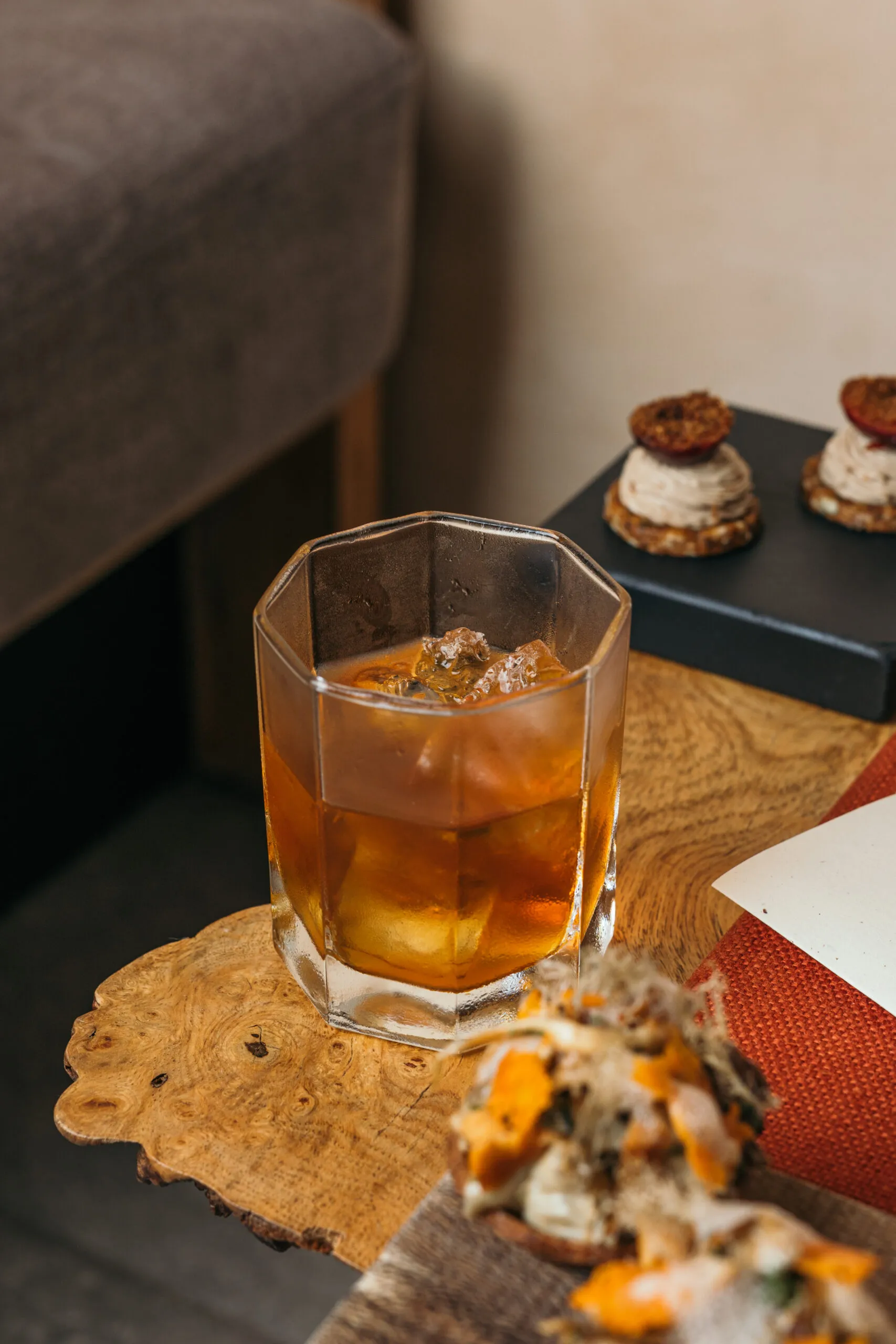 Pumpkin old fashioned, with snacks to start the signature menu.
